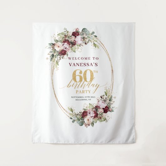 Sophisticated Boho Burgundy Gold 60th Birthday   Wandkleed (Voorkant)