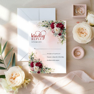 Sophisticated Boho Burgundy Witte Bloem Goud Wedd RSVP Kaartje