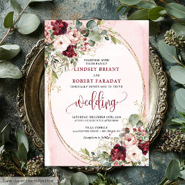Sophisticated Boho Maroon Blush Gold Floral Invite Kaart
