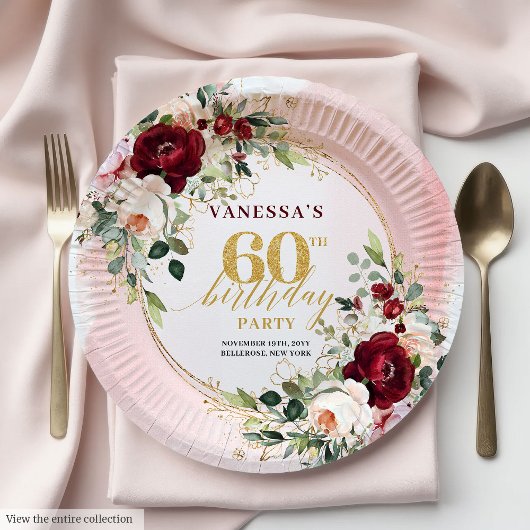 Sophisticated Boho Marsala Blush Gold Roses Plates Papieren Bordje