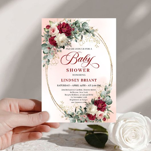 Sophisticated Boho Marsala Floral Gold Baby Shower Kaart