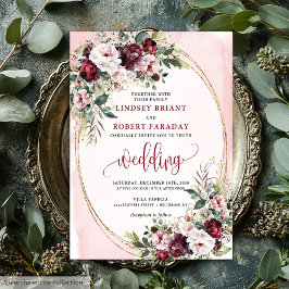 Sophisticated Boho Merlot Gold Sage Floral Wedding Kaart