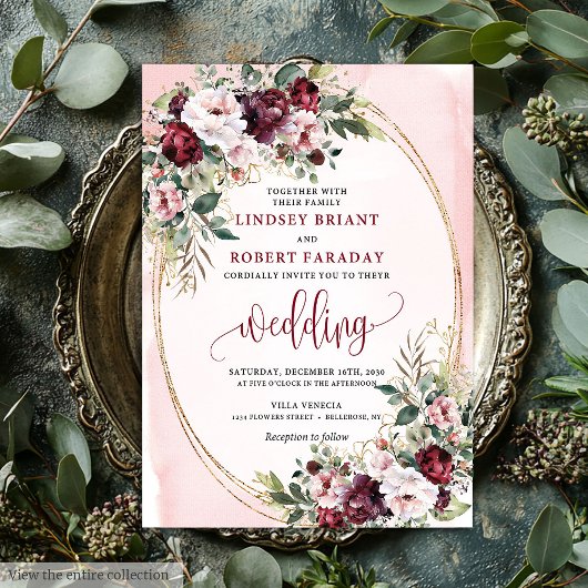 Sophisticated Boho Merlot Gold Sage Floral Wedding Kaart