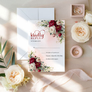 Sophisticated Boho Rode Witte Bloemengold Bruiloft RSVP Kaartje