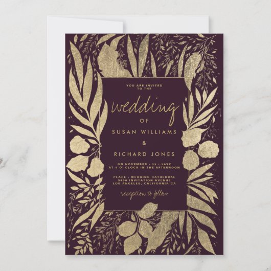 Sophisticated bordeauxrode gouden gebladerte bloem kaart (Voorkant)