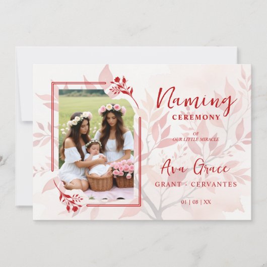 Sophisticated Botanical Red Frame Photo Naming Kaart (Voorkant)