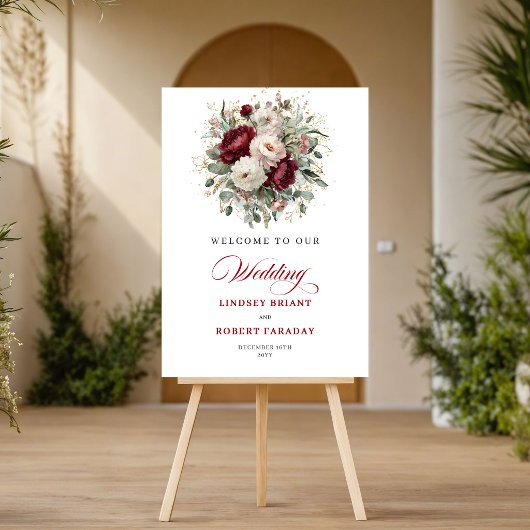 Sophisticated Bourgondië Bloem Goud Welkom Poster