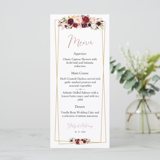 Sophisticated Bourgondië Bloemendineren Selectie Menu (Staand voorkant)