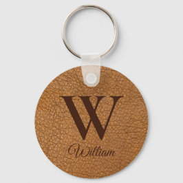 Sophisticated bruin textuur lederen monogram sleutelhanger
