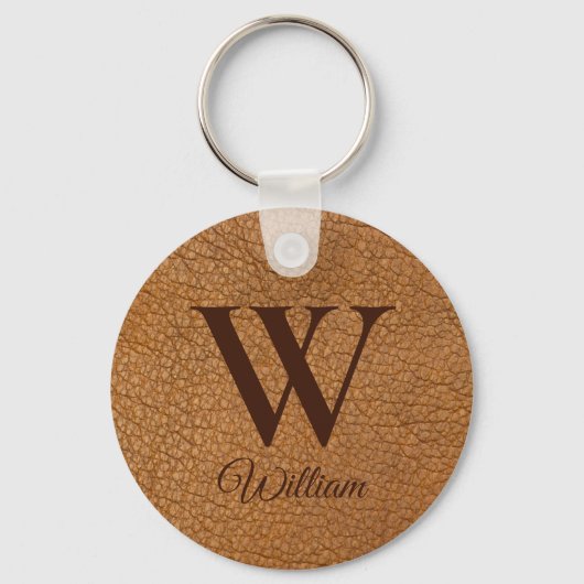 Sophisticated bruin textuur lederen monogram sleutelhanger (Voorkant)