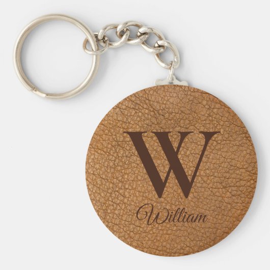 Sophisticated bruin textuur lederen monogram sleutelhanger (Voorkant)