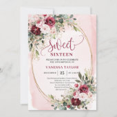 Sophisticated Burgundy Blush Sweet Sixteen Invites Kaart (Voorkant)