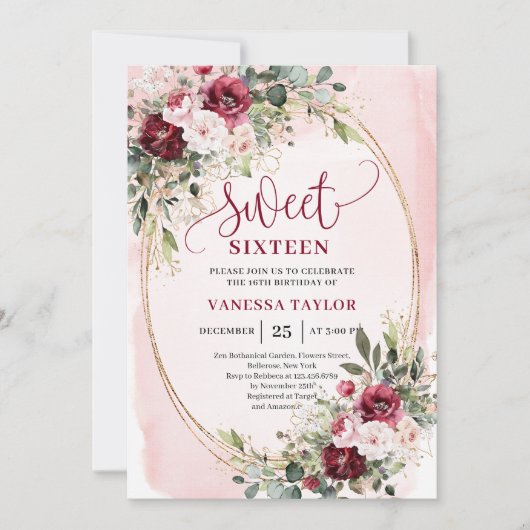 Sophisticated Burgundy Blush Sweet Sixteen Invites Kaart (Voorkant)