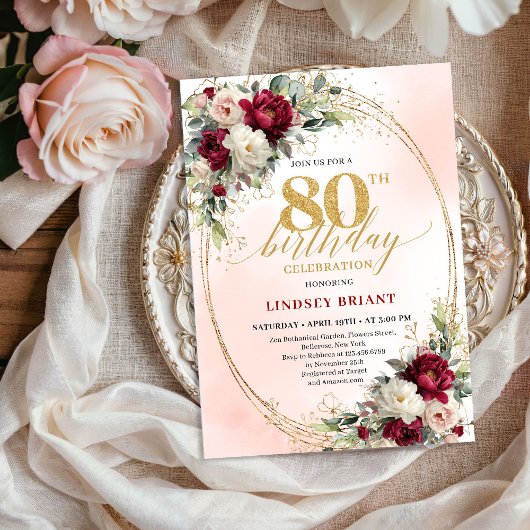 Sophisticated Burgundy Floral Gold 80th Birthday  Kaart