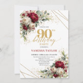 Sophisticated Burgundy Floral Gold 90th Birthday Kaart (Voorkant)