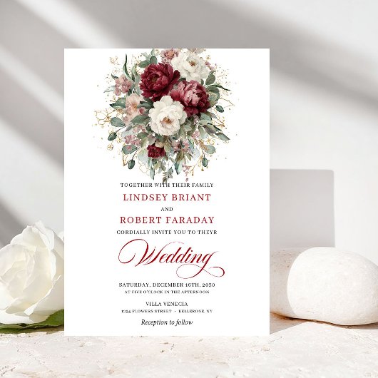 Sophisticated Burgundy White Botanical Wedding  Kaart