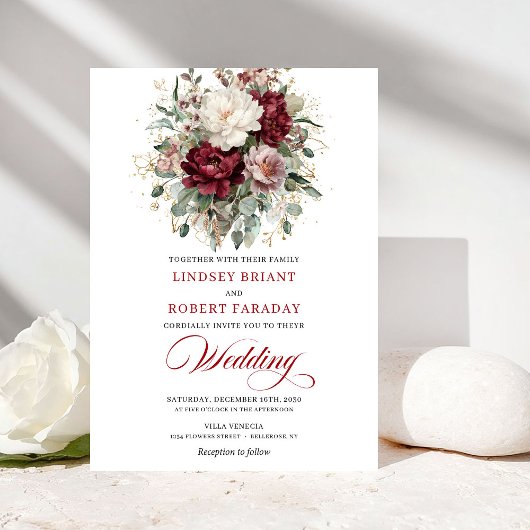 Sophisticated Burgundy White Floral Gold Wedding  Kaart