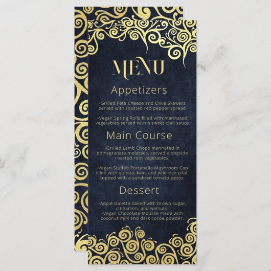 Sophisticated Chic Navy Blue & Gouden Wervelingen  Menu (Voorkant / Achterkant)