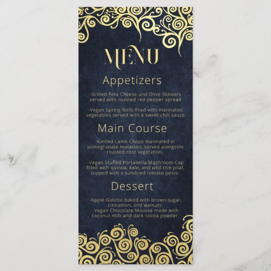 Sophisticated Chic Navy Blue & Gouden Wervelingen Menu (Voorkant)
