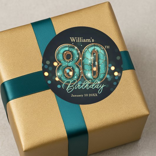 Sophisticated Chic Teal and Gold 80th Birthday Ronde Sticker