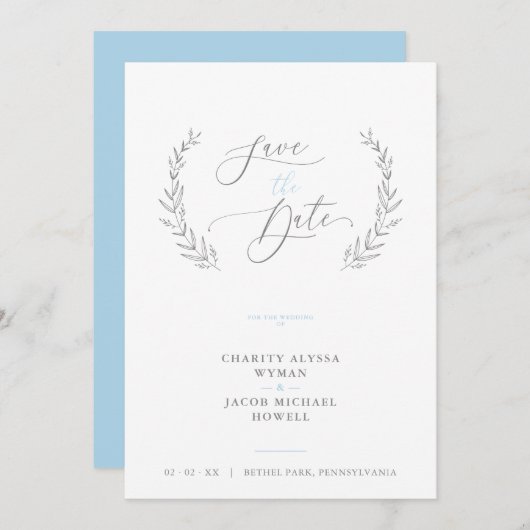 Sophisticated Classic Botanical Blue Grey Wedding (Voorkant / Achterkant)