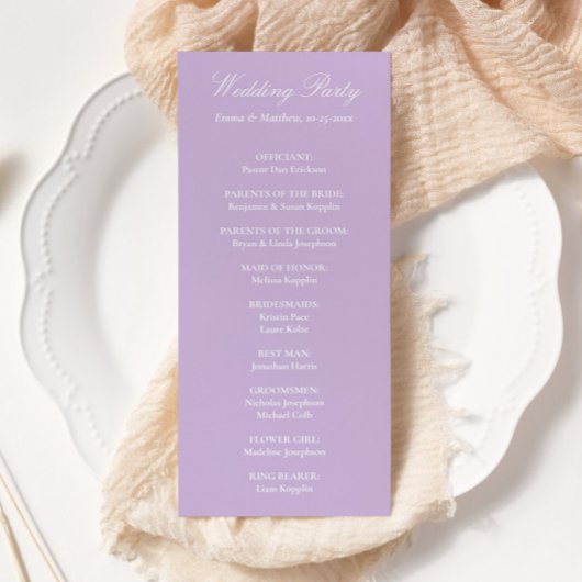 Sophisticated Classic Script Lavender Wedding Programmakaart