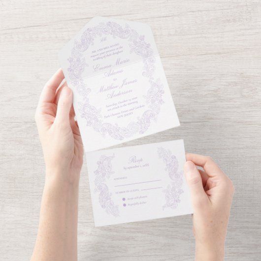 Sophisticated Classic Script Purple Wedding All In One Uitnodiging (Afscheurbaar)