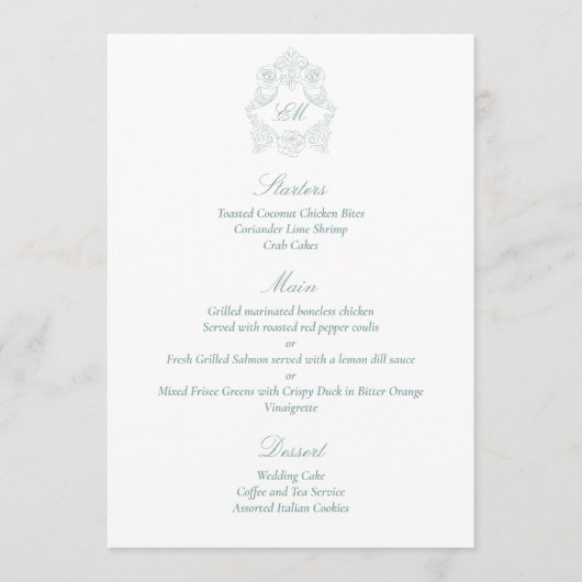 Sophisticated Classic Script Stofblauw Bruiloft Menu (Voorkant)