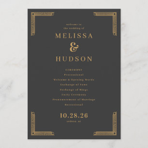 Sophisticated Dark Gray Gouden Trouwceremonie Programmakaart