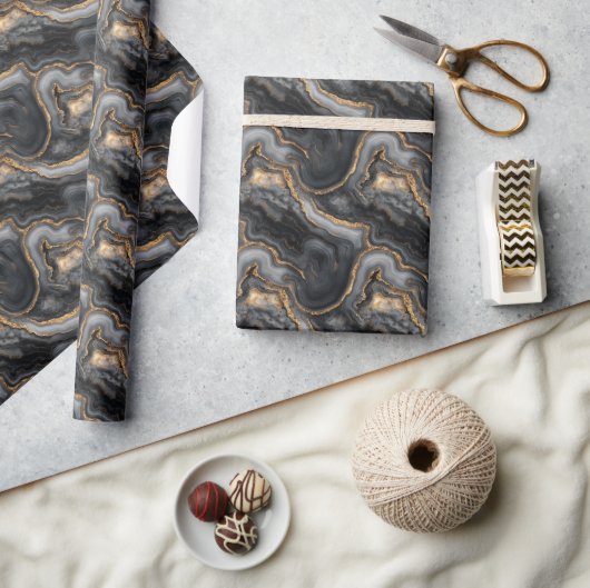 Sophisticated Dark Gray Marbled Gold Waves Cadeaupapier (Crafts)
