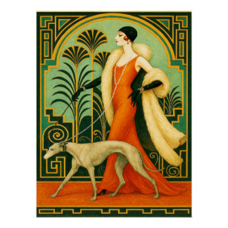 Sophisticated Deco Lady with Greyhound Poster/ Perfect Poster