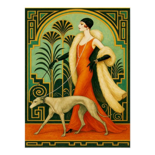 Sophisticated Deco Lady with Greyhound Poster/ Perfect Poster (Voorkant)