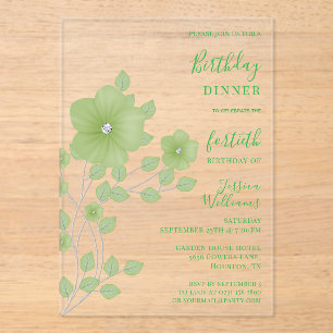 Sophisticated Diamond Green Floral Verjaardag Acryl Uitnodigingen