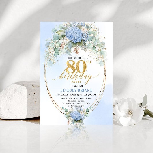 Sophisticated Dusty Blue Botanical 80th Birthday  Kaart