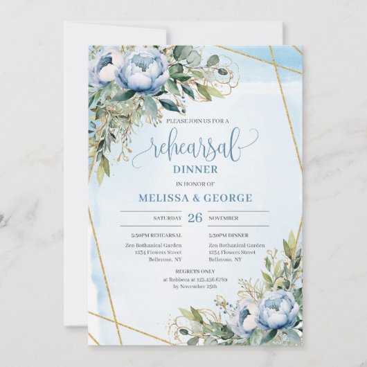 Sophisticated Dusty Blue Eucalyptus Dinner Invites Kaart (Voorkant)
