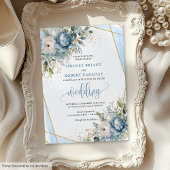 Sophisticated Dusty Blue Gold Floral Wedding Kaart