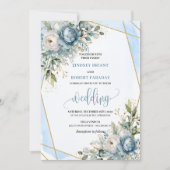 Sophisticated Dusty Blue Gold Floral Wedding Kaart (Voorkant)