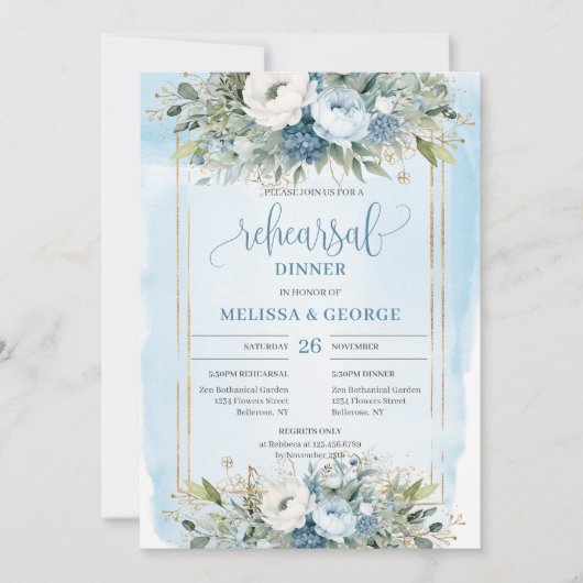 Sophisticated Dusty Blue Gold Frame Dinner Invite Kaart (Voorkant)