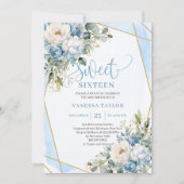 Sophisticated Dusty Blue White Peonies Sweet 16 Kaart (Voorkant)