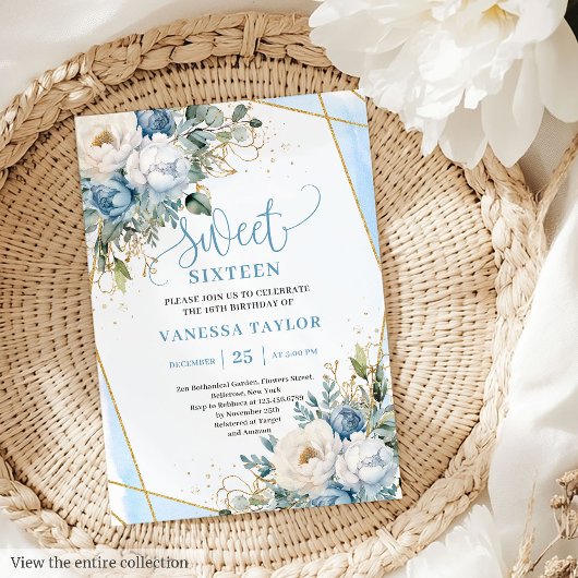 Sophisticated Dusty Blue White Peonies Sweet 16 Kaart