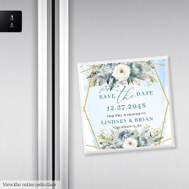 Sophisticated Dusty Blue White Peony Save the Date Magneet