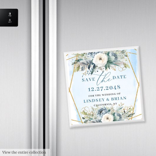 Sophisticated Dusty Blue White Peony Save the Date Magneet