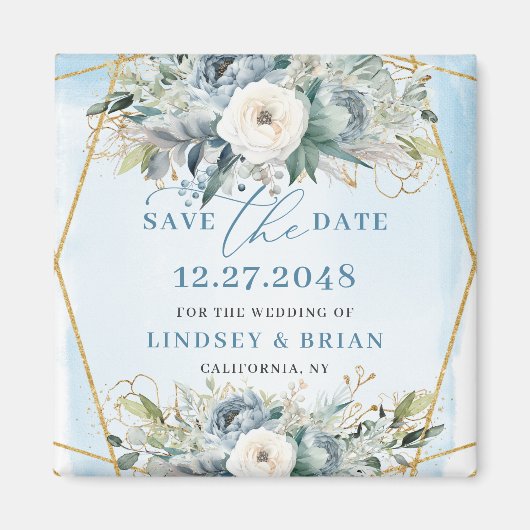 Sophisticated Dusty Blue White Peony Save the Date Magneet (Voorkant)