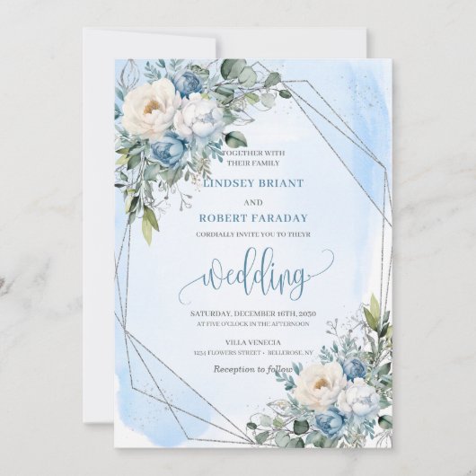 Sophisticated Dusty Blue White Silver Rozen Uitnod Kaart (Voorkant)