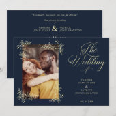 Sophisticated Elegant Flourish Navy Photo Wedding Kaart (Voorkant / Achterkant)