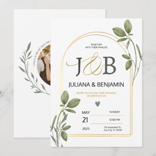 Sophisticated Elegant Huwelijksuitnodiging met Del Kaart (Voorkant / Achterkant)