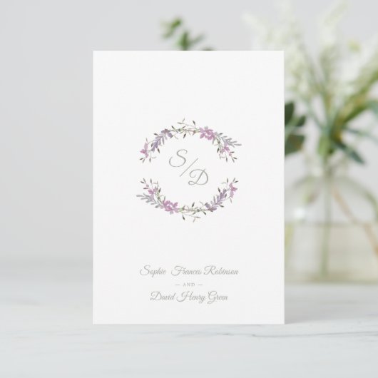 Sophisticated Elegant Lilac Floral Wedding Garland RSVP Kaartje (Staand voorkant)
