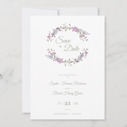 Sophisticated Elegant Lilac Floral Wedding Garland Save The Date (Voorkant)
