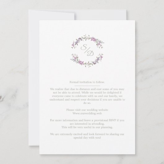 Sophisticated Elegant Lilac Floral Wedding Garland Save The Date (Achterkant)