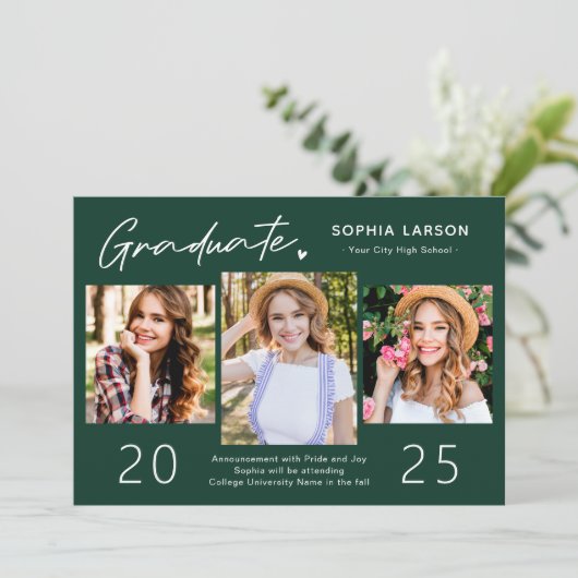 Sophisticated Emerald 3 Photo Collage Afstuderen Aankondiging (Staand voorkant)